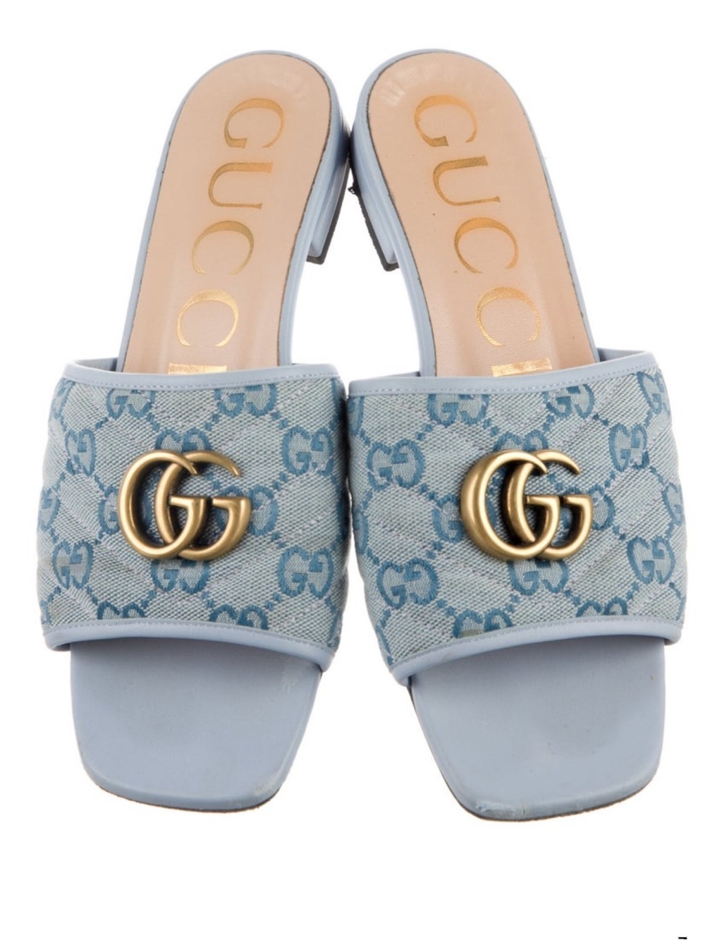 Gucci Light Blue GG Denim Slide Mules with Gold Double G